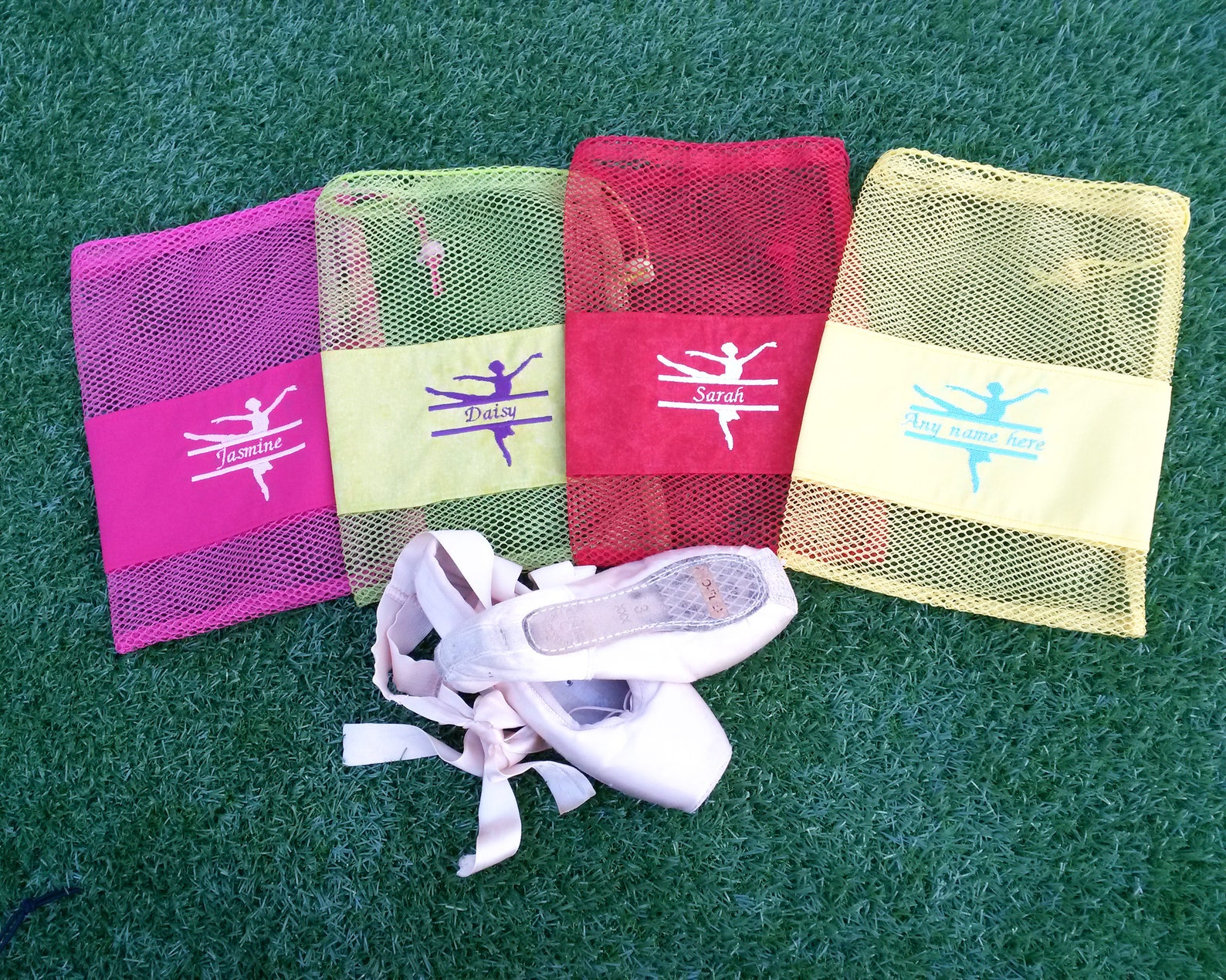 personalised ballet shoe bag, pointe shoe bag, drawstring dance bag, bright mesh bag, embroidered ballerina with name, gift for