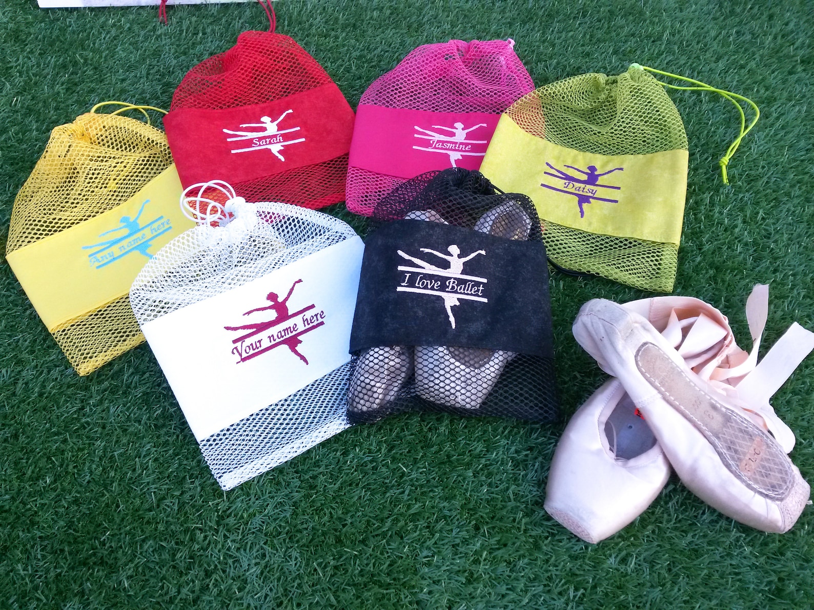 personalised ballet shoe bag, pointe shoe bag, drawstring dance bag, bright mesh bag, embroidered ballerina with name, gift for