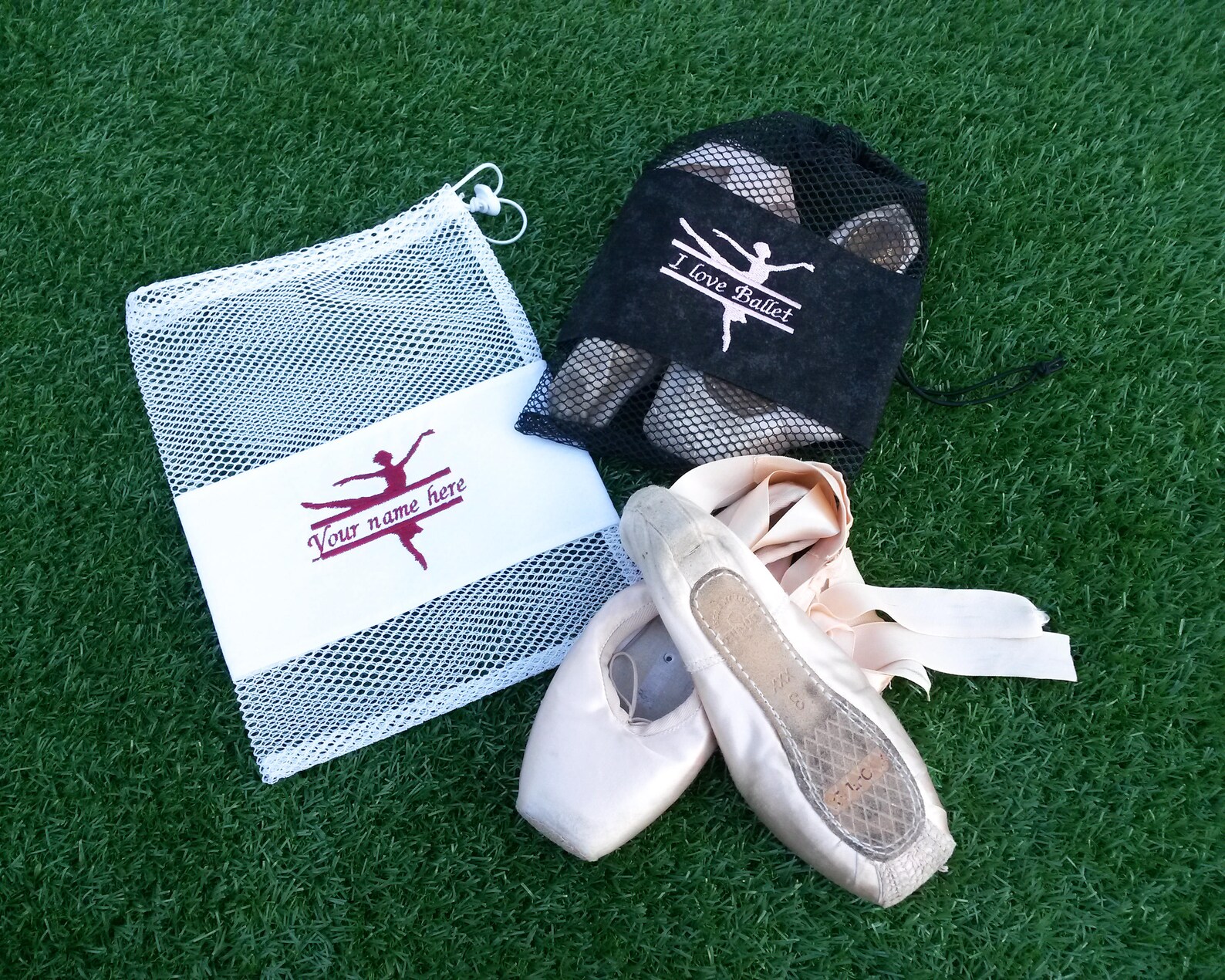 personalised ballet shoe bag, pointe shoe bag, drawstring dance bag, bright mesh bag, embroidered ballerina with name, gift for