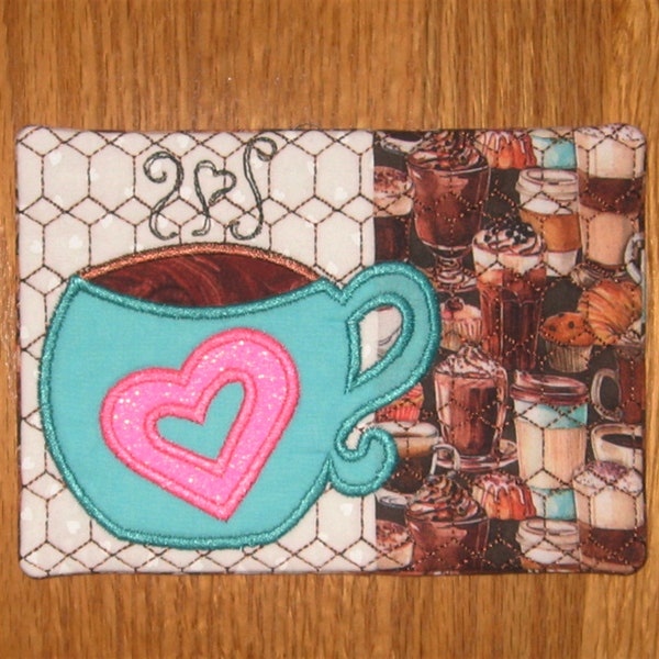 Coffee Break Mug Rug - Quilted, Appliqued & Machine Embroidered