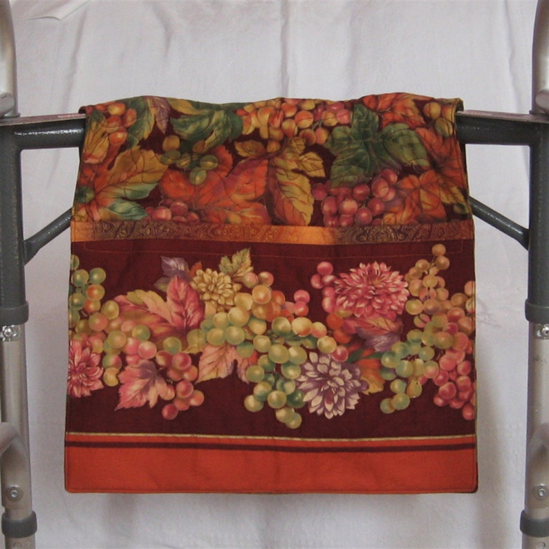Grape Design on Burgundy Quilted Walker Rollator Saddlebag