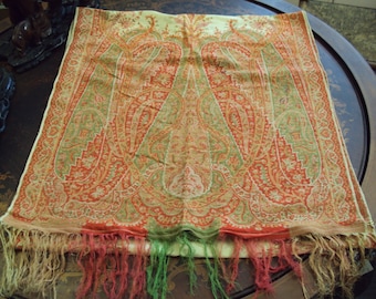 Kashmir Paisley Shawl Antique 1800's, Cream with Red, Gold, Green