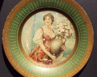 Antique - Lithographed Tin Plate Beautiful Lady 1907
