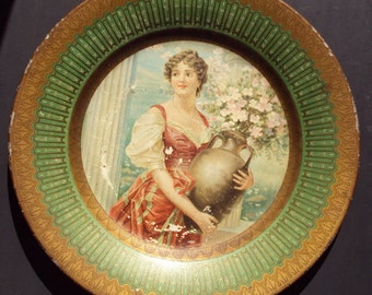 Antique - Lithographed Tin Plate Beautiful Lady 1907