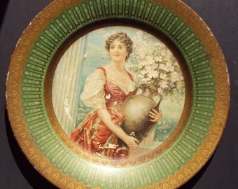 Antique - Lithographed Tin Plate Beautiful Lady 1907