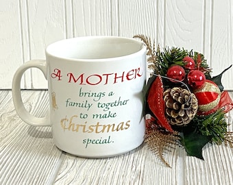 Vintage Mother Christmas Mug Cup by Russ Berrie & Co 1980s 1990s A Mother Brings a Family Together to Make Christmas Special Mom Xmas Gift