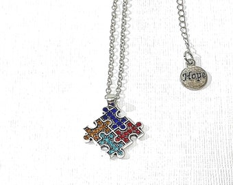 Autism Awareness Swarovski Crystals Puzzle Piece Pendant Necklace on Silver Nickel Free Chain 18" with 2" Extender with Hope Charm Jewelry