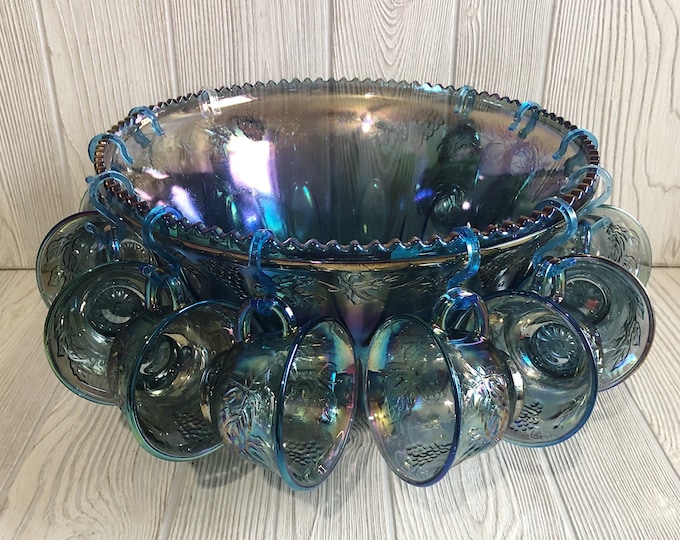 Vintage Iridescent Blue Carnival Glass Punch Bowl Set by Indiana Glass
