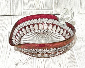 Vintage Westmoreland Waterford Ruby Red Thumbprint Heart Shaped Nappy Finger Bowl Candy Dish Holiday Serving Xmas Serving Dish