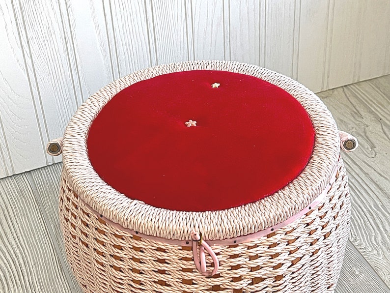 Vintage Wicker Sewing Basket With Handle Pink Red Velvet Top White