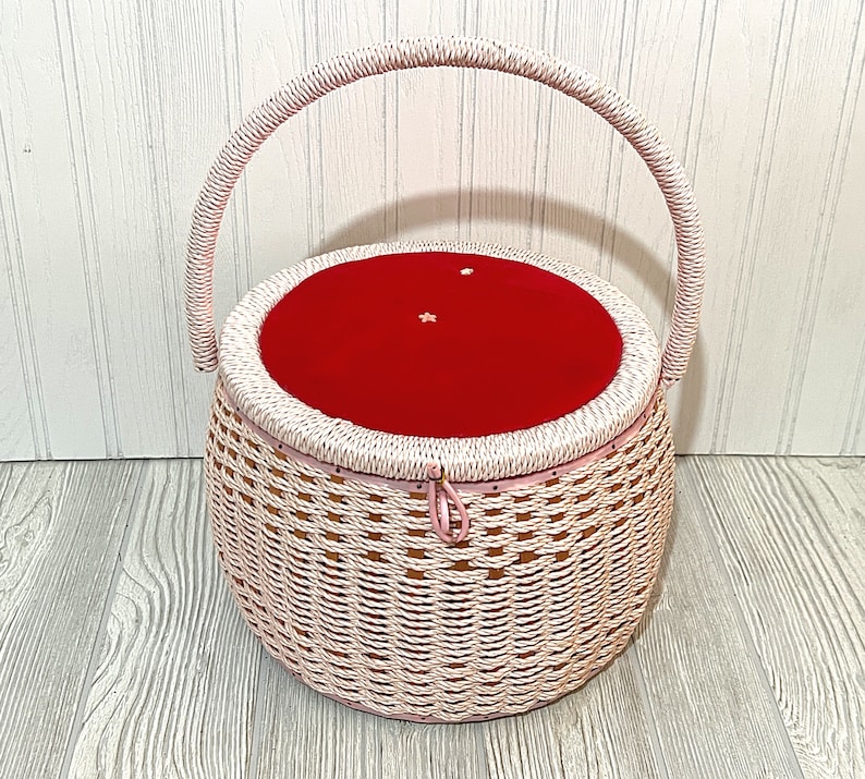 Vintage Wicker Sewing Basket With Handle Pink Red Velvet Top White