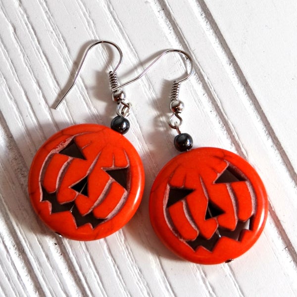Pumpkin Earrings, Unisex Halloween Jewelry, Orange Jack-O-Lantern Earrings, Carved Stone Earrings, Halloween Earrings