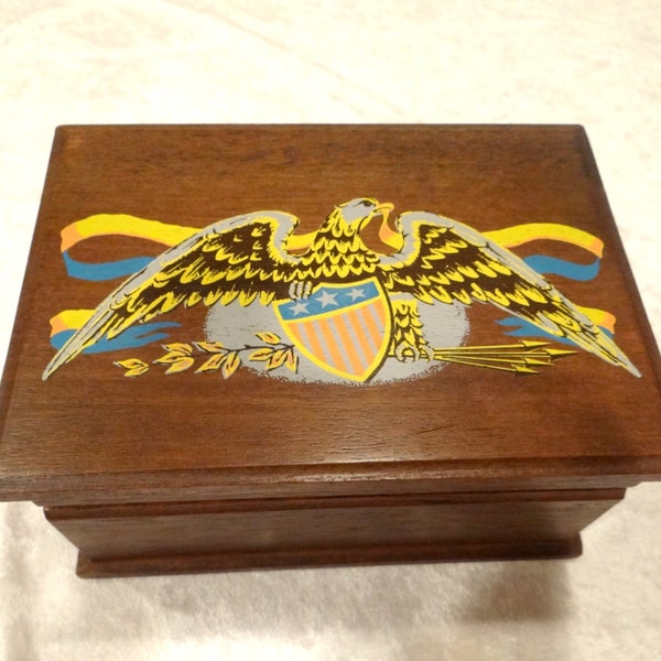 Vintage Jewelry Box with American Eagle, Patriotic Jewelry Box, Eagle Wood Box, Wood Jewelry Box, Americana Jewelry Box