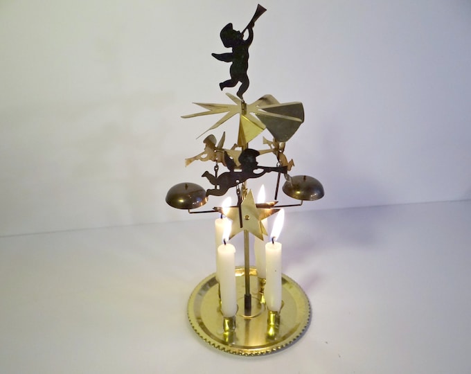Vintage Brass Angelabra, Vintage Swedish Angel Candle With Chimes, Holiday Decor, 1950s Angel