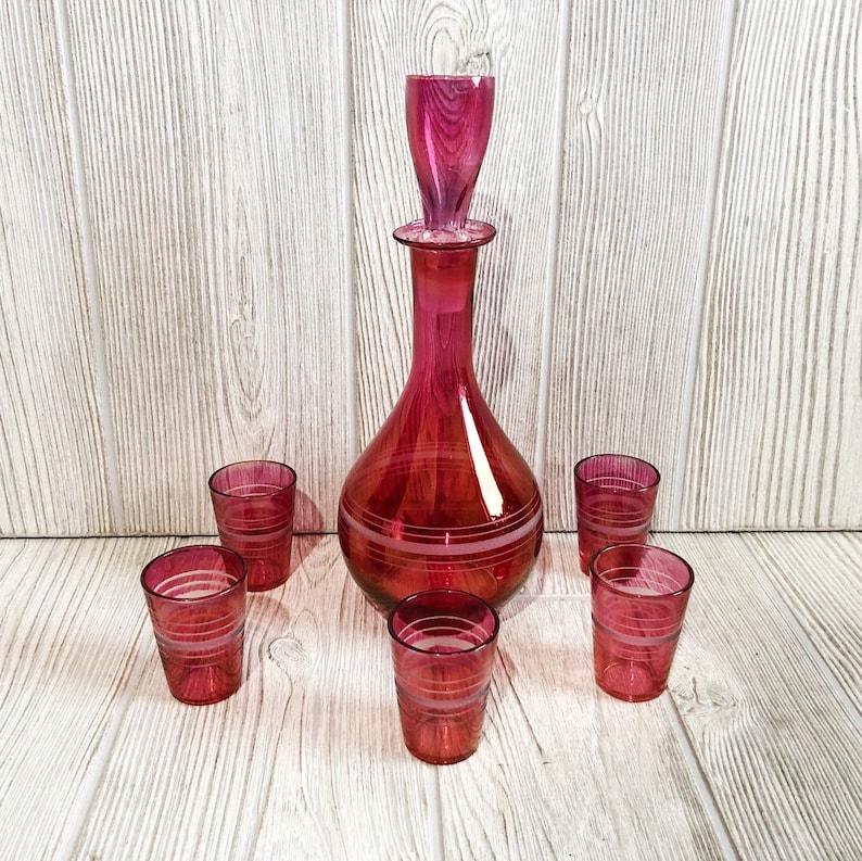 Vintage Cranberry Red Glass Decanter Set With Glass Stopper 7 Etsy