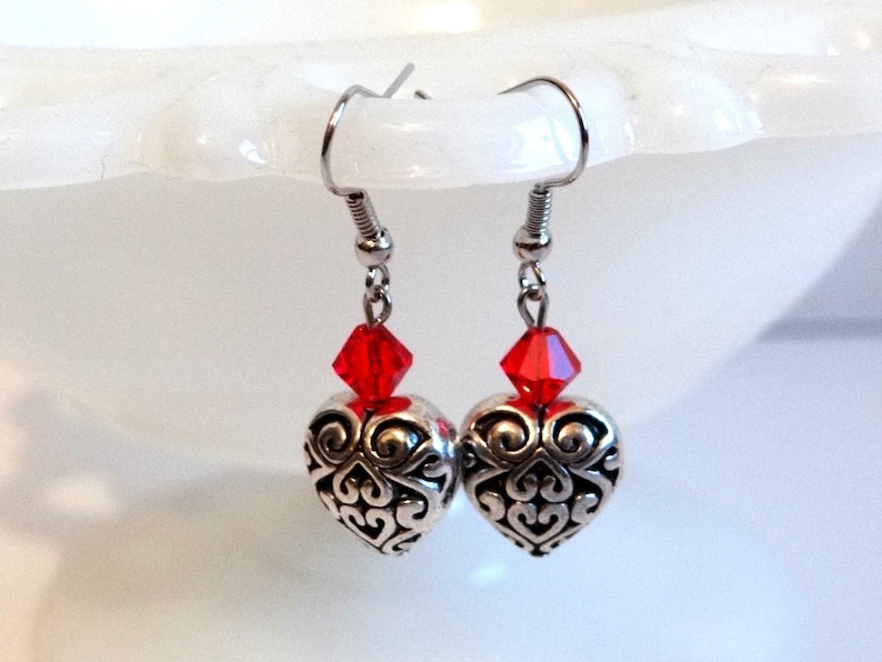 Antiqued Silver Heart Earrings With Ruby Red Swarovski Crystals ...