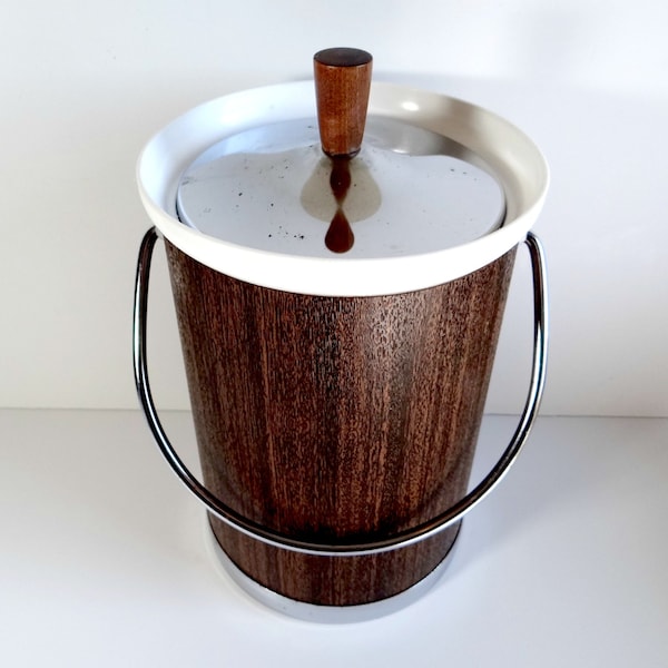 Vintage Kromex Woodgrain Ice Bucket Retro Barware Cocktail Partyware Danish Style Mid Century Bar Ware Serving Bar Cabin Man Cave Decor