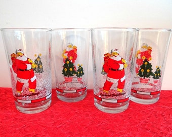 Vintage Firna Santa Claus Glasses Tumblers Set of 4 Made in Indonesia, Christmas Tableware, Xmas Serving, Holiday Decor, Barware