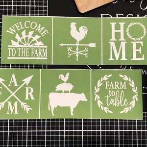 May include: Green stencil sheets with white vinyl cutouts of various farm-themed designs, including "Welcome to the Farm", a rooster weather vane, "Home", "Farm to Table", and "Farm Fresh".