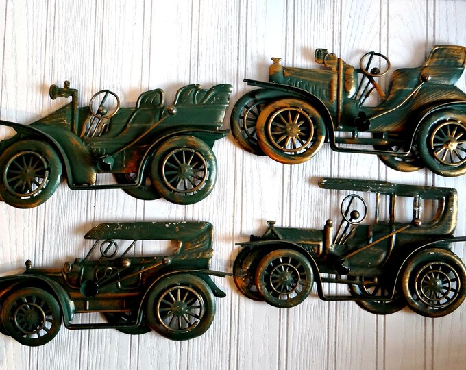 Four Vintage Steel Cut Painted Car Wall Plaques 1960s, Old Fashioned