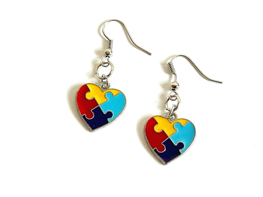 Autism Awareness Heart Puzzle Piece Earrings Handmade - Etsy