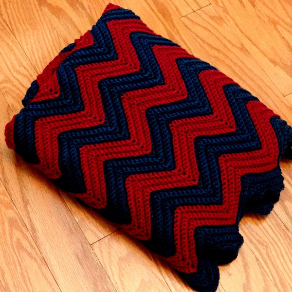 Chevron Afghan Throw Blanket, Knitted Chevron Blanket, Blue Burgandy Chevron Afghan Throw, Vintage Bedding