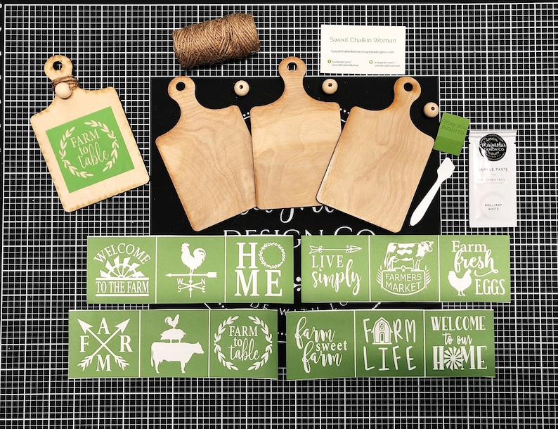 May include: A set of farmhouse-themed stencils for crafting. The stencils feature various designs, including "Farm to Table", "Welcome to the Farm", "Home", "Live Simply", "Farmers Market", "Farm Fresh Eggs", "Farm Sweet Farm", "Farm Life", and "Welcome to Our Home".