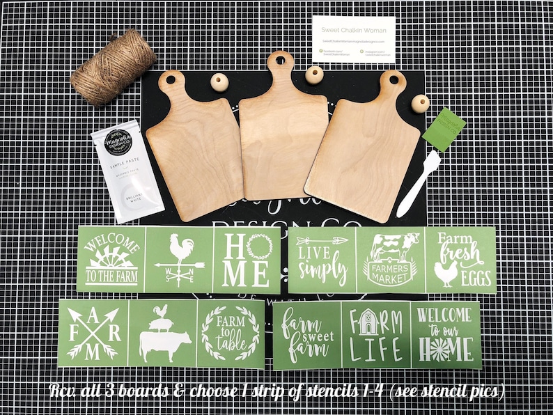 May include: A set of three wooden cutting boards with a farmhouse theme. The boards are unfinished and ready to be painted. The set also includes a variety of stencils with farmhouse-themed designs, such as "Welcome to the Farm", "Home", "Live Simply", "Farm Fresh Eggs", and "Farm Life".