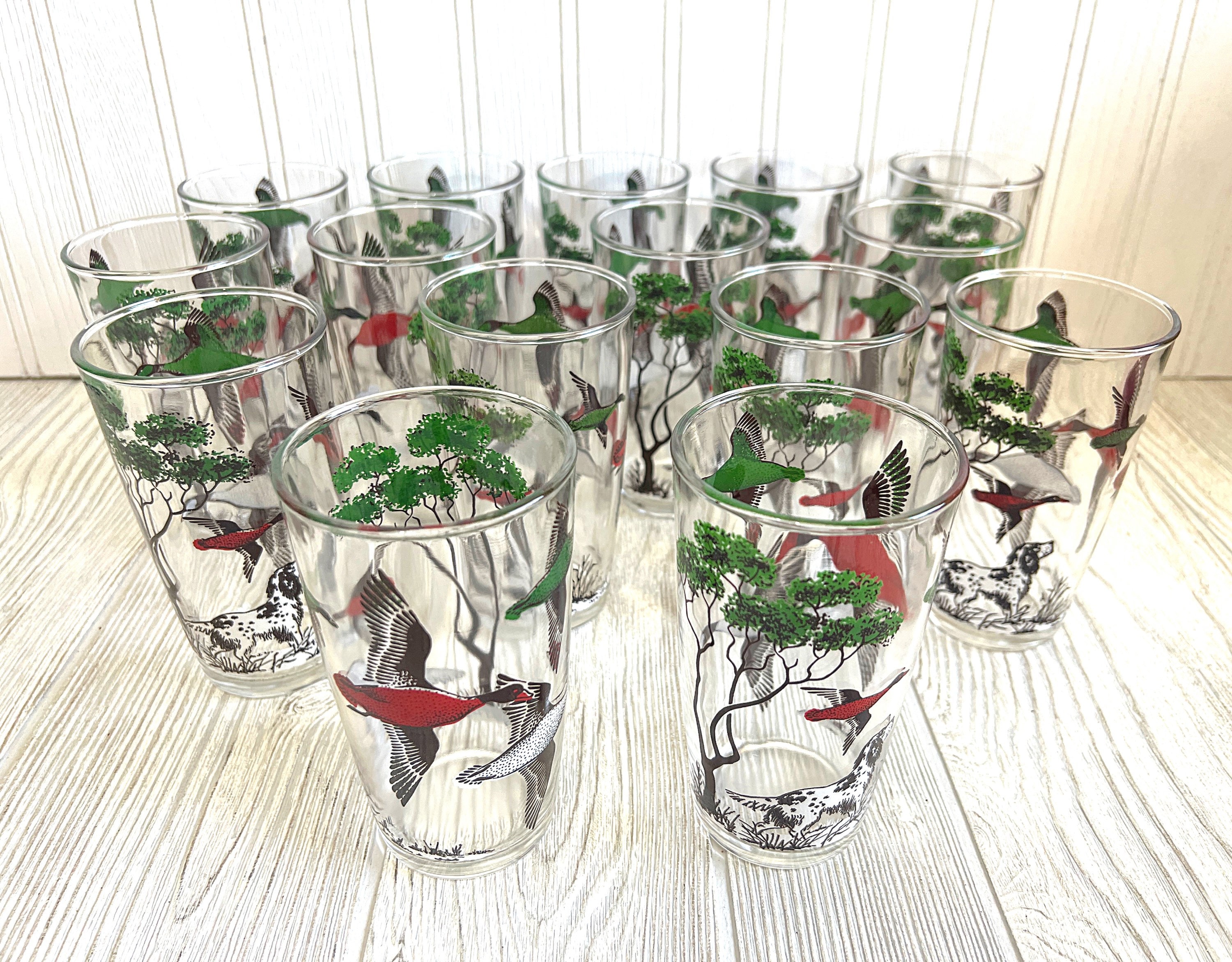 Vintage Hazel Atlas Hunting Dog and Ducks Barware Tumblers Set of 14