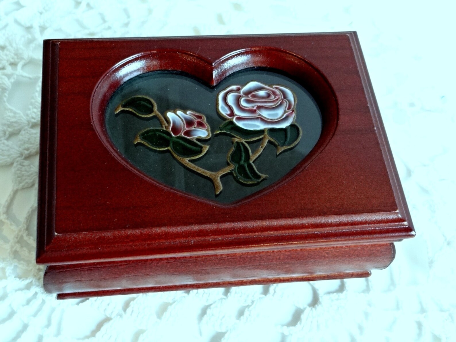 Vintage Wood Jewelry Box with Glass Heart & Rose Insert Etsy