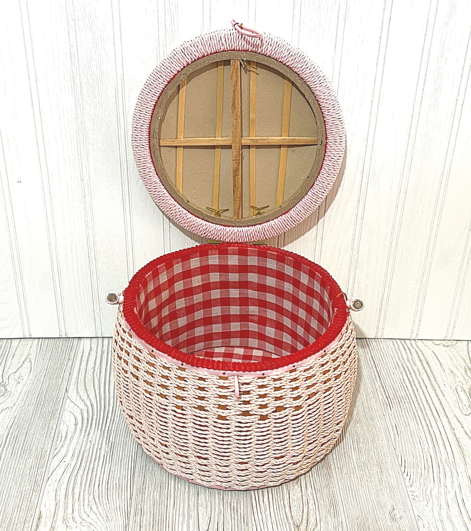Vintage Wicker Sewing Basket With Handle Pink Red Velvet Top White Gingham Interior Footed Round