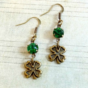 Earrings with Vintage Emerald Green Faceted Glass Stones and Antique Brass Shamrock 4 Leaf Clover Charms, St. Patrick&#39;s Day