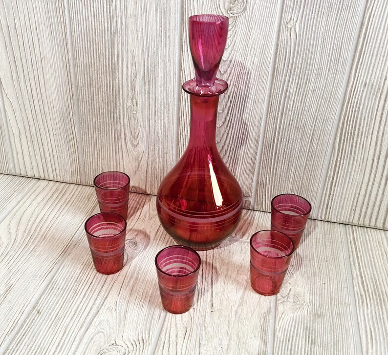 Vintage Cranberry Red Glass Decanter Set With Glass Stopper 7 Etsy