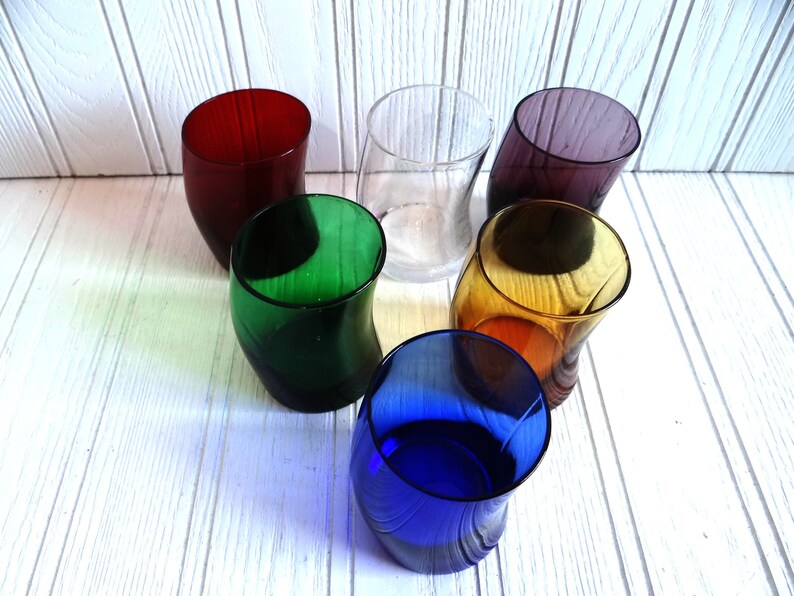 Vintage Colored Glass Tilted Shot Glasses Set of Six Vintage Etsy