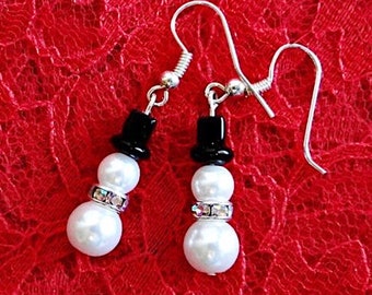 Snowman Earrings Pearl Holiday Snowmen Earrings Handcrafted Christmas Xmas Jewelry Etsy Gifts for Her Secret Santa Gift Snowmen Jewelry