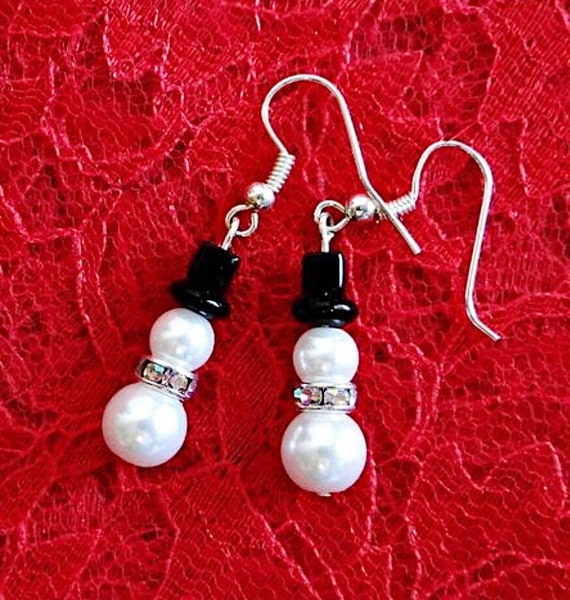 Snowman Earrings Pearl Holiday Snowmen Earrings Handcrafted Christmas Xmas Jewelry Etsy Gifts for Her Secret Santa Gift Snowmen Jewelry