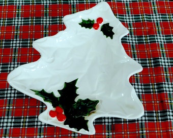 Vintage Lefton Christmas Plate Dish with Holly and Berries, Holiday Decor, Serving, Mid Century, Cookie Plate
