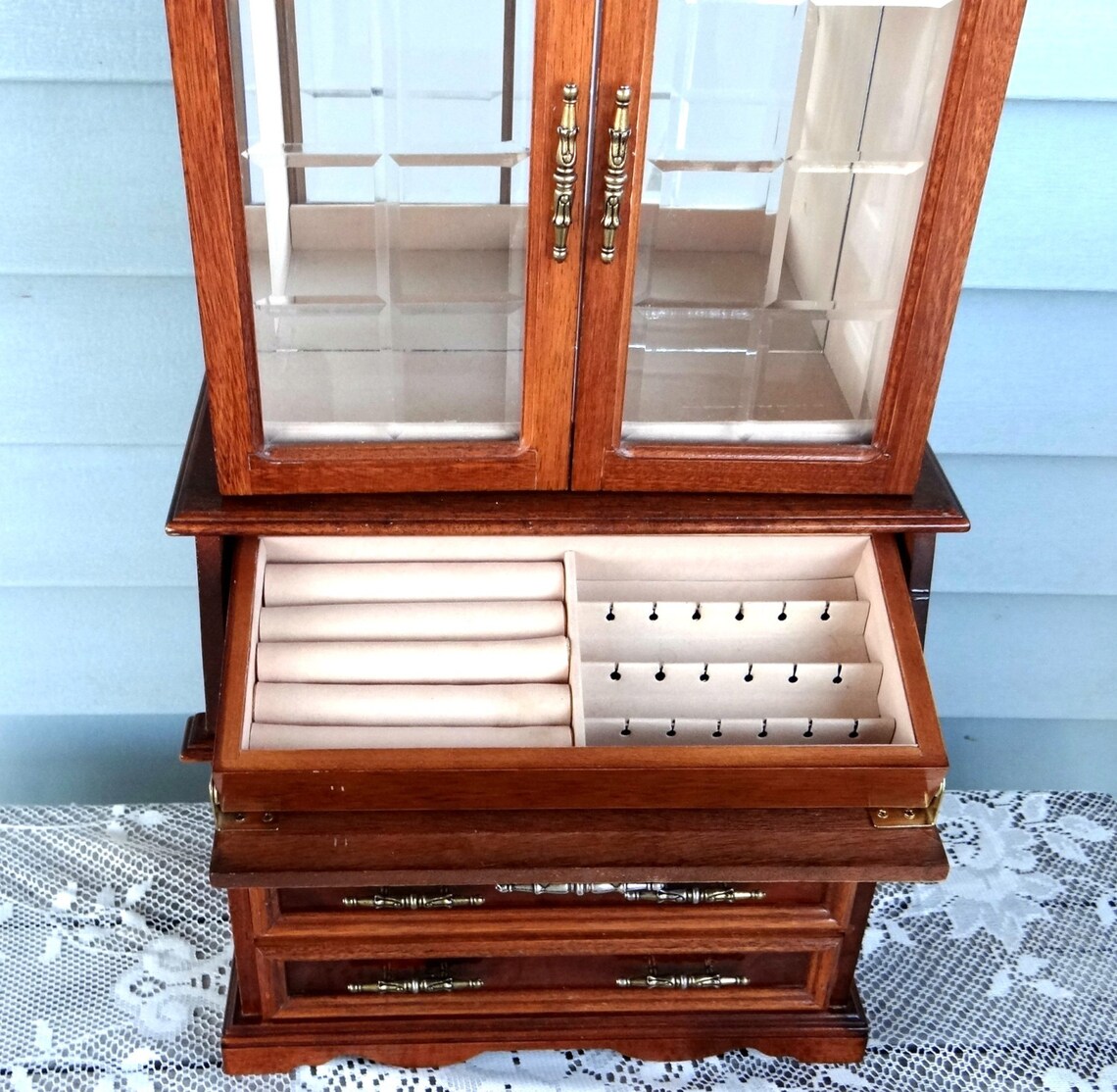 Vintage Wood Jewelry Box with Beveled Glass 1970s Large Tall Etsy