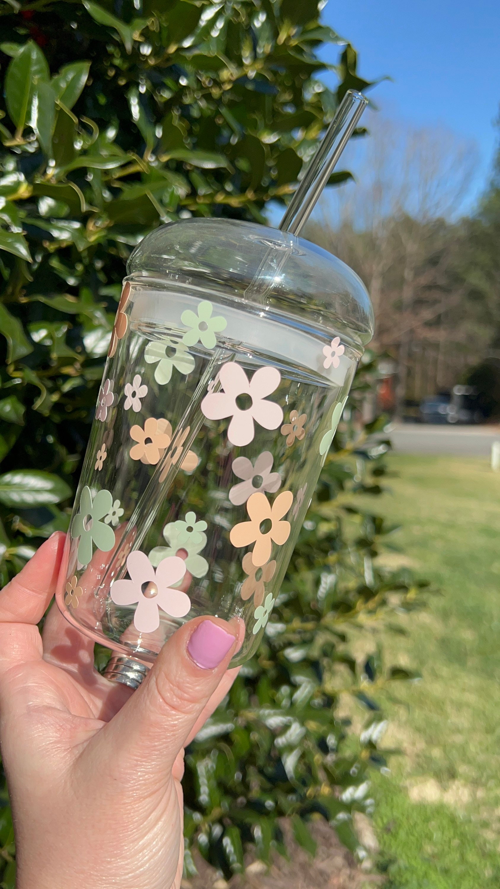 Boho Flowers Dome Lid Glass Cup Spring Coffee Cup Iced 
