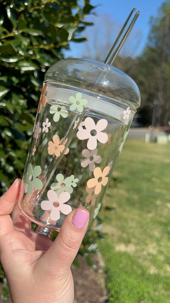 Boho Flowers Dome Lid Glass Cup Spring Coffee Cup Iced 