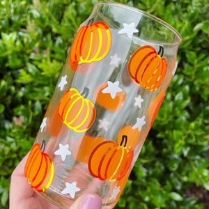 Halloween Glass Can Cup, Pumpkin Spice Glass Cup, Fall Iced Coffee Glass Cup, Glass Coffee Cup