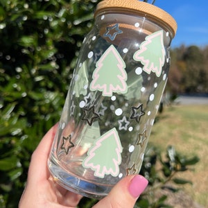 Christmas Tree Glass Can Cup: Holiday Iced Coffee Cup (16oz)