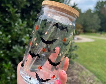 Halloween Glass Can Cup, Bat Glass Cup, Fall Iced Coffee Glass Cup, Glass Coffee Cup