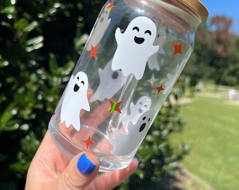 Halloween Glass Can Cup | Ghost Glass Cup | Fall Iced Coffee Glass Cup | Retro Glass Coffee Cup