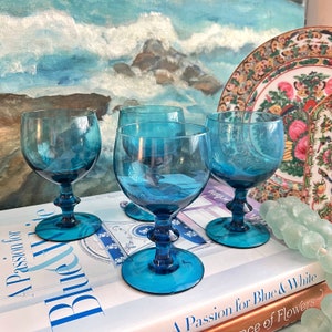 Vintage Cobalt Blue Wafer Stem Wine Glasses, Set of 4
