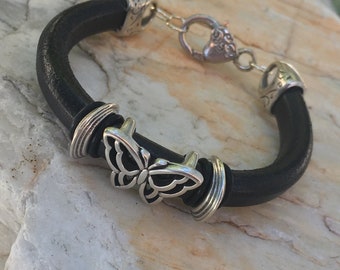 Black Leather Bracelet with Butterfly Slider