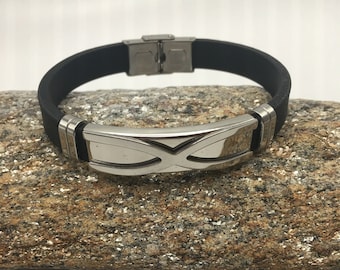 Men Stainless Steel Black Silicone Bracelet with Stainless steel closure.