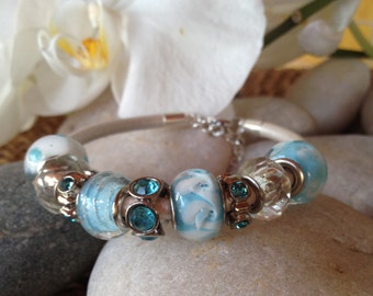 Leather Bracelet for Women Leather Bracelet Euro Beads Bracelet, Genuine White Leather Bracelet for Women, Ladies Jewelry, Ladies Bracelet