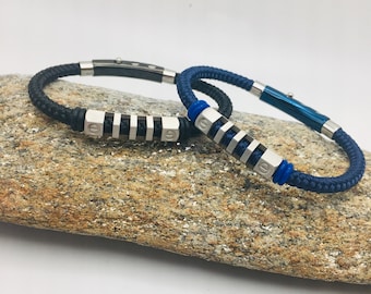 Men Stainless Steel 316L Bracelet in 6mm Woven Rubber Cord with Adjustable Closure