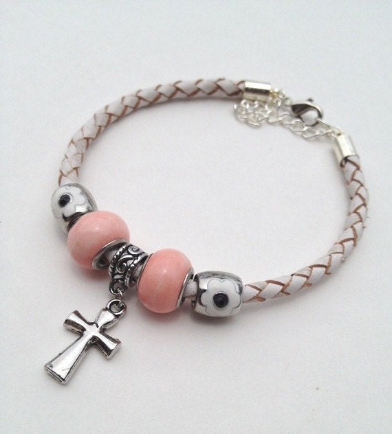 Women White braided bolo Leather Bracelet with Silver Cross And Pink Euro Beads and Silver Tubes on Genuine Leather Bracelet